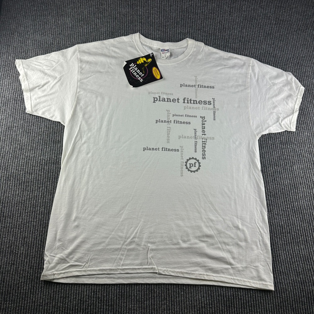 Planet Fitness Mens 2XL White Graphic T-Shirt Jerzees HiDensi-T Gym Logo 2595